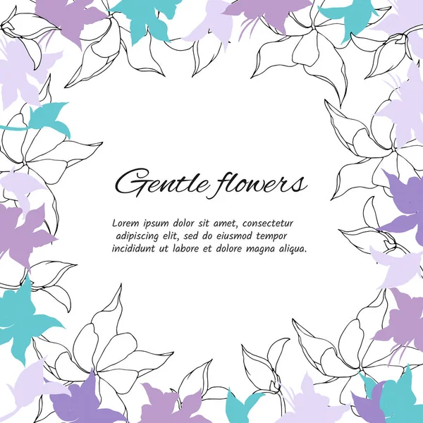 Text frame of gentle purple and white flowers. Spring set of floral patterns, for decorating cards, — Stock Vector