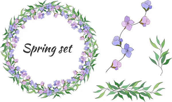 Lente set van bloemen patronen, ornamenten en vector kransen van delicate Violet bloemen en groene bladeren om kaarten te versieren, Designer groeten — Stockvector