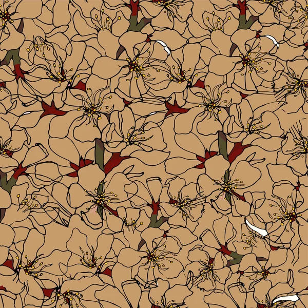 Textura de flores y ramas de contorno sobre un fondo marrón. Elegante adorno natural. Textura vintage . — Vector de stock