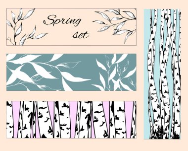 Çiçek yer imleri, el ilanları ile pembe ve beyaz çiçekler için düzen, kurumsal kimlik ve tasarım kümesi. Düz stil vektör çizim.