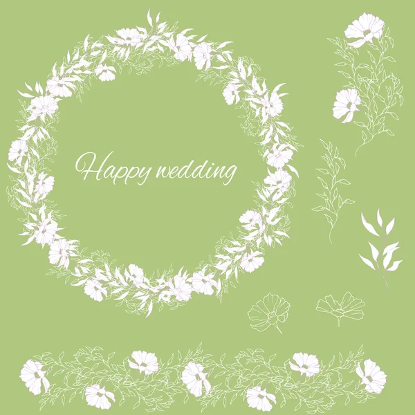 Conjunto de primavera de flores y hojas blancas. Corona de boda para invitaciones, tarjetas y saludos. Ilustración vectorial . — Vector de stock