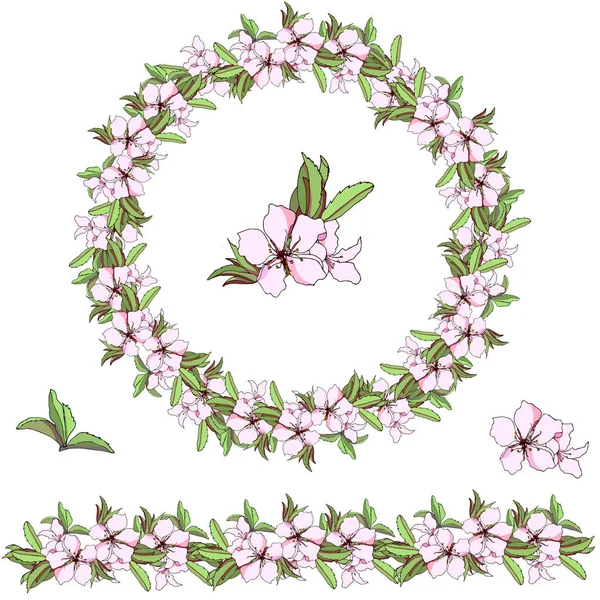 Conjunto de patrones florales. Corona vectorial de flores coloridas y hojas verdes. Cepillo vectorial para decorar tarjetas, saludos de diseño — Vector de stock