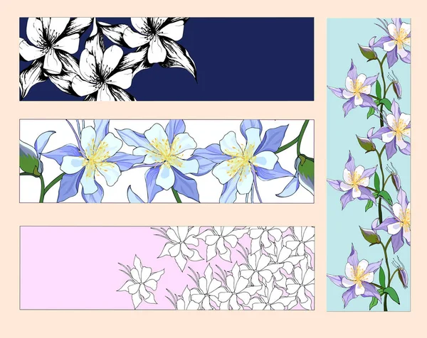 Um conjunto de marcadores florais, folhetos com flores rosa e branca para layout, identidade corporativa e design. Ilustração vetorial de estilo plano . —  Vetores de Stock