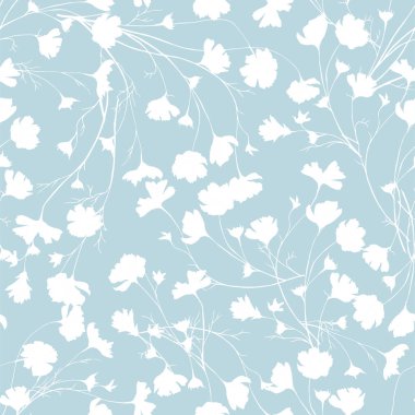 Mavi arka plan üzerinde beyaz çiçekler ile basit arka plan. Çizilmiş çiçek dokuları. Duvarda kumaş, fayans ve kağıt süslemek için mavi süs.