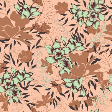 Kumaş için çiçek vintage doku. Kahverengi bir arka plan üzerinde çiçek ve yaprakların süsü. Zarif doğal süs. Duvarda kumaş, fayans ve kağıt ve duvar kağıdı dekorasyonu için Vintage doku.