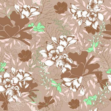 Kumaş için çiçek vintage doku. Kahverengi bir arka plan üzerinde çiçek ve yaprakların süsü. Zarif doğal süs. Duvarda kumaş, fayans ve kağıt ve duvar kağıdı dekorasyonu için Vintage doku.