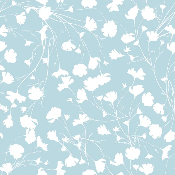 Fundo simples com flores brancas sobre fundo azul. Texturas florais desenhadas. Ornamento azul para decorar tecidos, telhas e papel na parede . —  Vetores de Stock