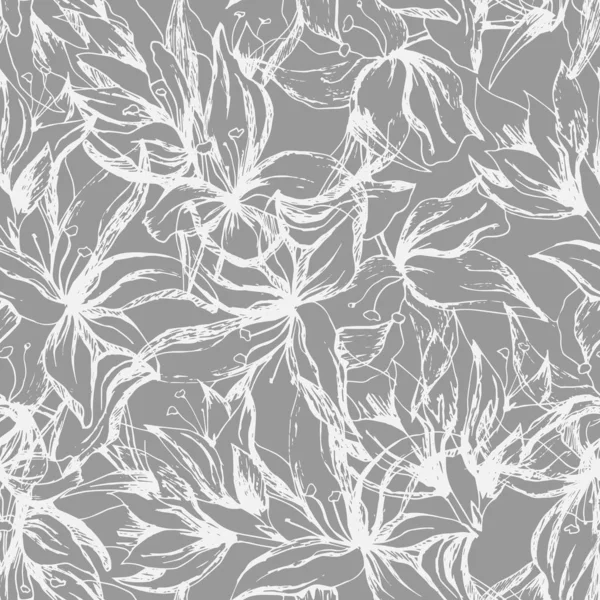 Fondo de luz floral. Contorno patrón blanco sobre un fondo gris. Texturas interminables — Vector de stock