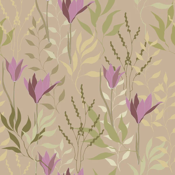 Textura vintage floral para tejido. Adorno de flores y hojas sobre un fondo marrón. Elegante adorno natural. Textura vintage para baldosas — Archivo Imágenes Vectoriales