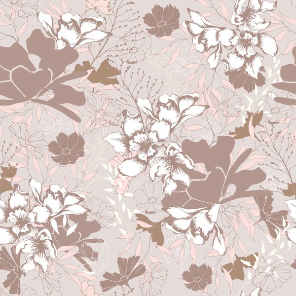 Floral Vintage textuur voor stof. Ornament van bloemen en bladeren op een bruine achtergrond. Elegante natuurlijke ornament. Vintage textuur voor decoratie van stof, tegel en papier en behang op de muur. — Stockvector