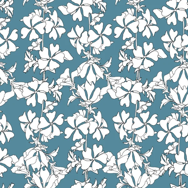 Einfacher floraler Hintergrund mit weißen Blumen auf blauem Hintergrund. gezeichnete florale Texturen. blaues Ornament zum Dekorieren von Stoffen, Fliesen, Papier und Tapeten an der Wand. — Stockvektor