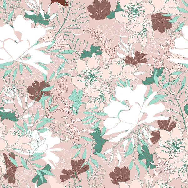 Textura vintage floral para tecido. Ornamento de flores e folhas em um fundo marrom. Elegante ornamento natural. Textura vintage para decoração de tecido, azulejo e papel de parede na parede . — Vetor de Stock