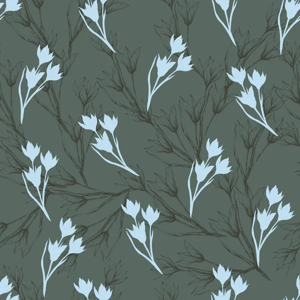 Sfondo di fiori di primavera contorno disegnati con inchiostro su uno sfondo verde. Texture vintage per tessuto, piastrelle, carta da parati . — Vettoriale Stock