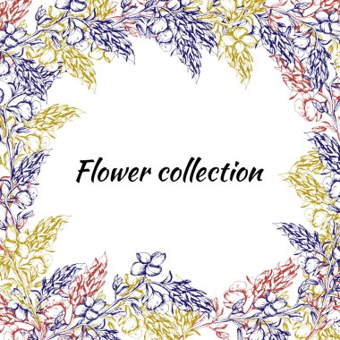 Metin için çiçek çerçevesi. Dekorasyon, kağıt, kartlar, selamlar için çizilmiş kontur çiçekleri. Vektör çizimi