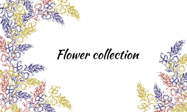 Cartão vintage com flores de contorno. Flores de primavera desenhadas para decoração, papel, cartões, saudações. Quadro de texto. Ilustração vetorial — Vetor de Stock