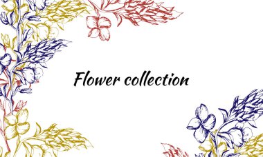 Kontur lu vintage kart. Dekorasyon, kağıt, kartlar, selamlar için çizilmiş bahar çiçekleri. Metin çerçevesi. Vektör çizimi