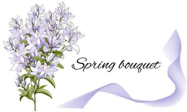 Картка Фіолетовими Квітами Елегантний Шаблон Вітання Тексту Ручні Намальовані Весняні — стоковий вектор