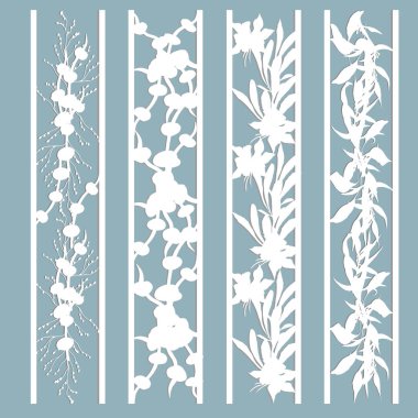 Yaprakları ve çiçekleri bir desen ile paneller. Kağıdı kes. Yer imi şablonları kümesi. Lazer kesme, şablon.