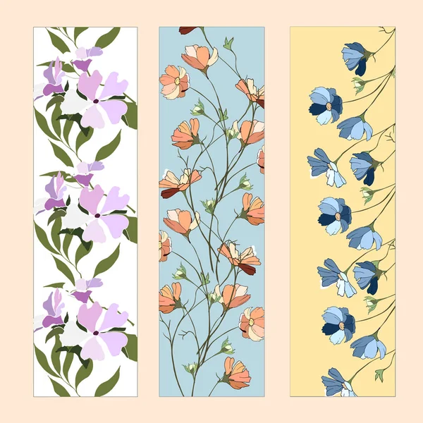 Um conjunto de marcadores florais, folhetos com flores rosa e branca para layout, identidade corporativa e design. Ilustração vetorial de estilo plano . —  Vetores de Stock