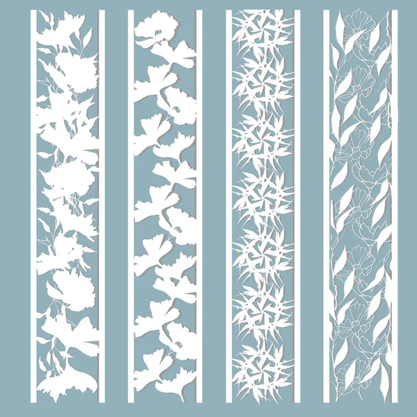 Paneles con un patrón de hojas y flores. Cortado de papel. Un conjunto de plantillas de marcadores. Corte por láser, plantilla . — Archivo Imágenes Vectoriales