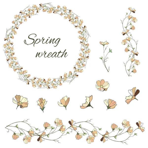 Conjunto de flores beige primavera sobre un fondo blanco. Corona de flores. Colección margaritas, margaritas dibujadas a mano . — Vector de stock