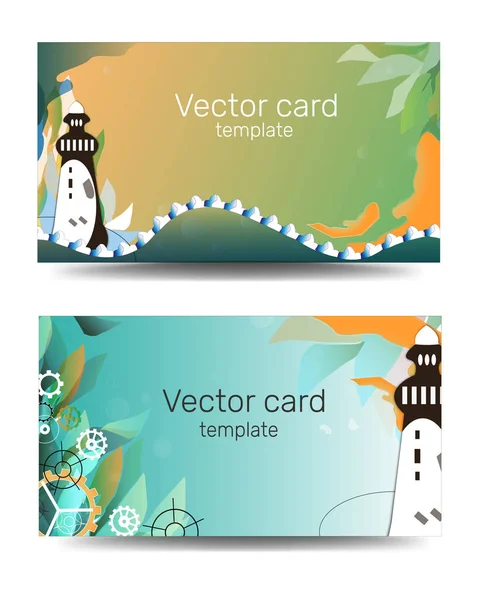 Plantilla de tarjetas de visita en colores verdes con adorno geométrico. Marco de texto infantil. Banner de mar, plantilla con faro. Caricatura — Vector de stock