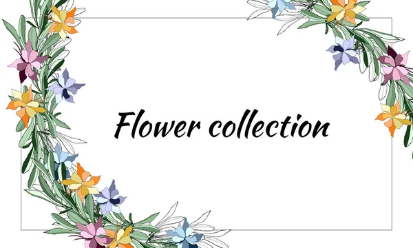 Tarjeta con flores de primavera. Flores de contorno dibujadas para decoración, papel, tarjetas, saludos. Ilustración vectorial . — Vector de stock