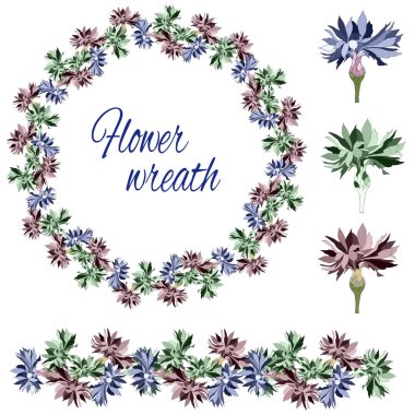 Beyaz bir arka plan üzerinde çiçek ve tomurcukları kümesi. Mısır çiçeklerinden çiçek çelengin. Vektör fırçası