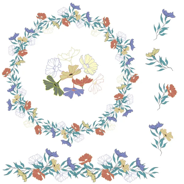 Conjunto de flores vectoriales. Corona floral estilo retro. Flores de verano dibujadas a mano sobre un fondo blanco. Para decoración, tarjetas, telas, invitaciones, azulejos. Ilustración vectorial — Vector de stock