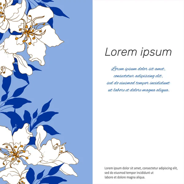 꽃 배경텍스트프레임입니다. 파란색 배경에 흰색 꽃입니다. 프리젠 테이션, 포스터, 개념 — 스톡 벡터