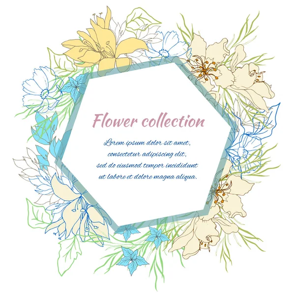 Blumenrahmen für Text. Vektorblumen. Vintage handgezeichnete Blumen auf weißem Hintergrund. Vektorillustration. — Stockvektor