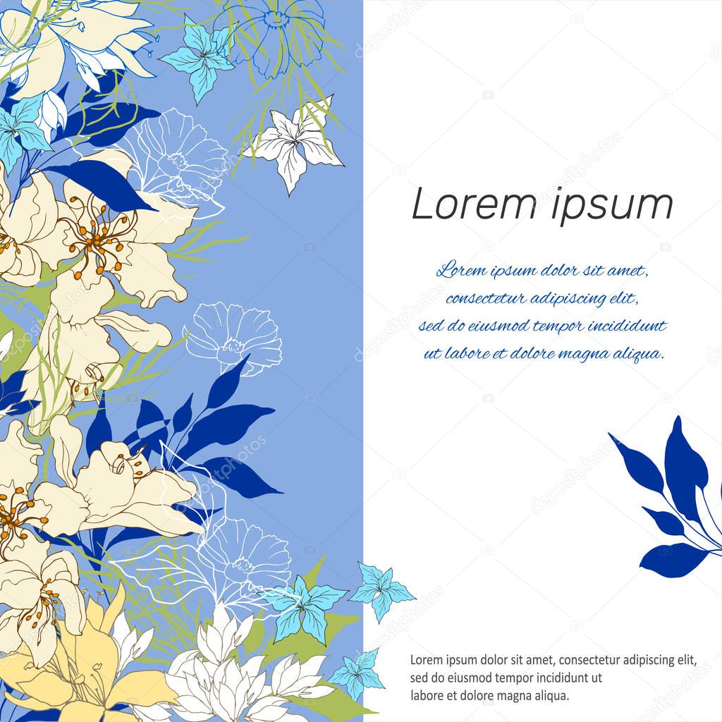 Template frame for text, presentation, poster. Vector multicolored flowers on a blue background.