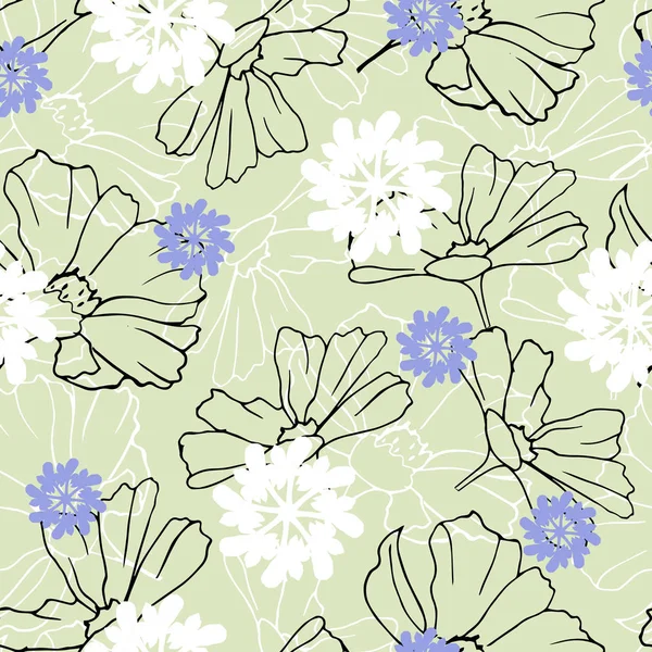 Fondo de contorno flores de primavera dibujadas en tinta sobre un fondo verde. Textura vintage para tela, azulejo, papel pintado . — Archivo Imágenes Vectoriales
