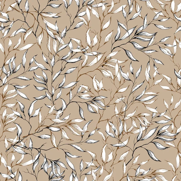 Fondo de ramas de contorno con hojas sobre fondo marrón. Elegante adorno natural. Textura vintage para la decoración de tela, azulejo y papel pintado en la pared . — Vector de stock