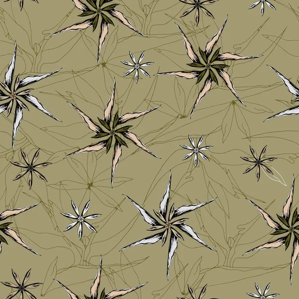 Textura vintage floral para tejido. Adorno de flores y hojas sobre un fondo marrón. Elegante adorno natural. Textura vintage para la decoración de tela, azulejo y papel pintado en la pared . — Vector de stock