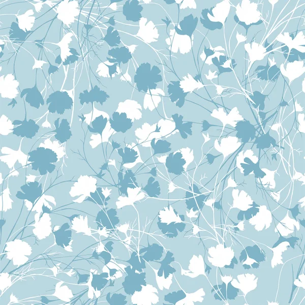 Einfacher floraler Hintergrund mit weißen und blauen Blumen. gezogen nahtlose florale Textur. blaues Ornament zum Dekorieren von Stoffen, Textilien, Fliesen und Papier an der Wand. — Stockvektor