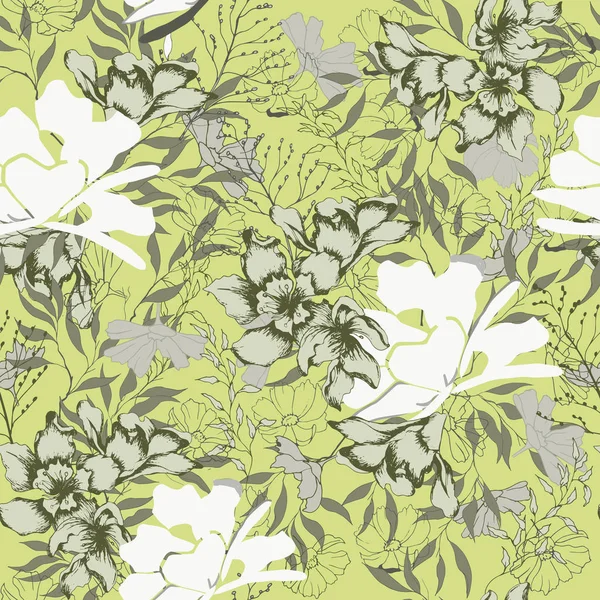 Floral background for fabric. Seamless ornament of flowers and leaves on a green background. Elegant natural ornament. Vintage texture for decoration of fabric, tile and paper. — Stock Vector