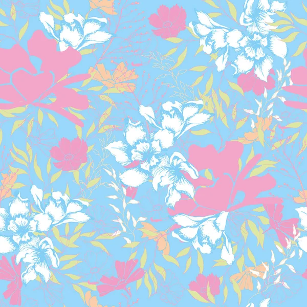 Heller Hintergrund aus Blumen und Blättern auf blauem Hintergrund. Florale Vintage-Textur für Stoff, Fliesen und Papier und Tapeten an der Wand. — Stockvektor
