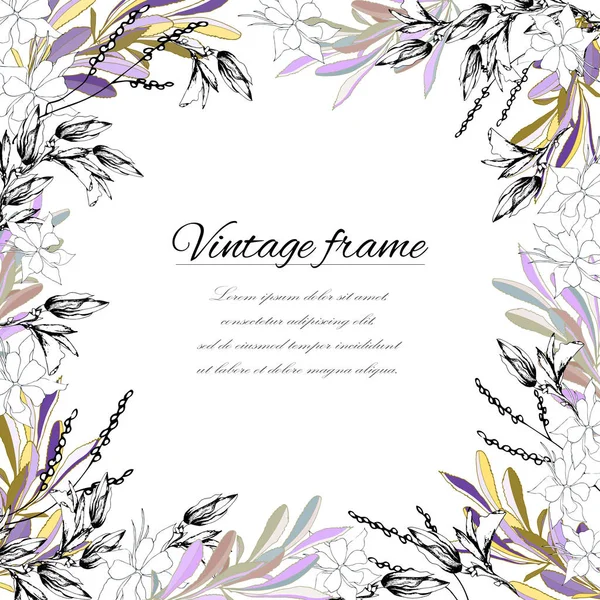 Frame for text in vintage style. Painted flowers and leaves on a white background, for decoration, paper, cards, greetings. Vector illustration — Stock Vector