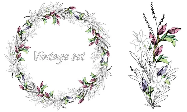 Corona de flores. Estilo vintage. Corona de boda de delicadas flores y hojas. Set de primavera. Cepillo vectorial . — Vector de stock