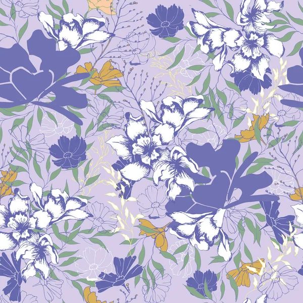 Textura vintage floral para tecido. Ornamento de flores e folhas em um fundo roxo. Textura vintage para decoração de tecido, azulejo e papel de parede na parede . —  Vetores de Stock