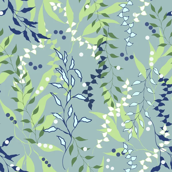 Adorno floral sin costuras. Suave textura veraniega de las hojas sobre un fondo verde. Adorno pintado vectorial para tela y azulejo . — Vector de stock
