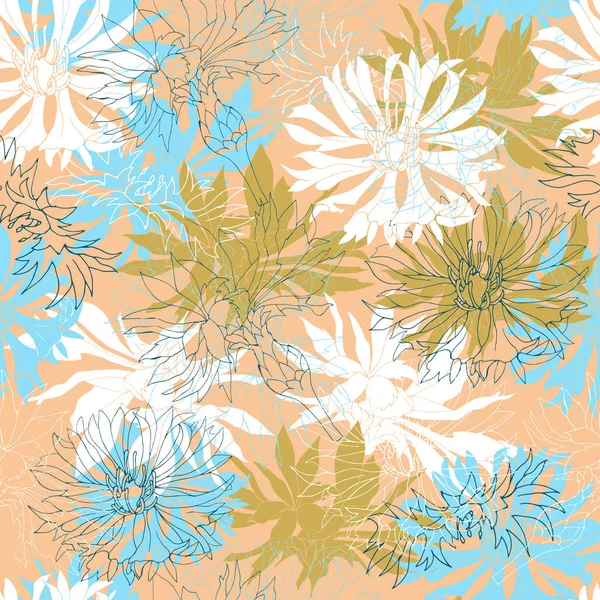 Fondo de flores blancas y azules sobre fondo naranja. Textura floral sin costuras para telas, azulejos, fondos de pantalla . — Vector de stock