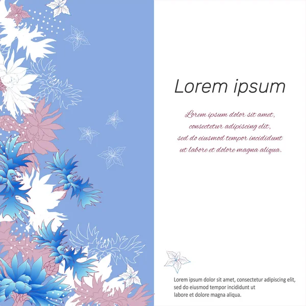 플로럴 패턴이 있는 텍스트에 대한 벡터 템플릿입니다. 파란색 배경에 흰색 꽃입니다. 프리젠 테이션, 포스터, 개념 — 스톡 벡터
