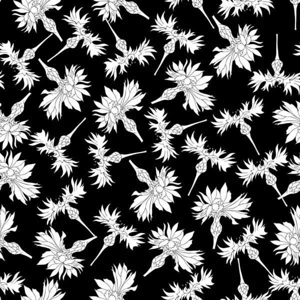 Patrón sin costura blanco y negro de vaselki. Flores blancas sobre fondo negro para baldosas, tela y papel de regalo — Vector de stock