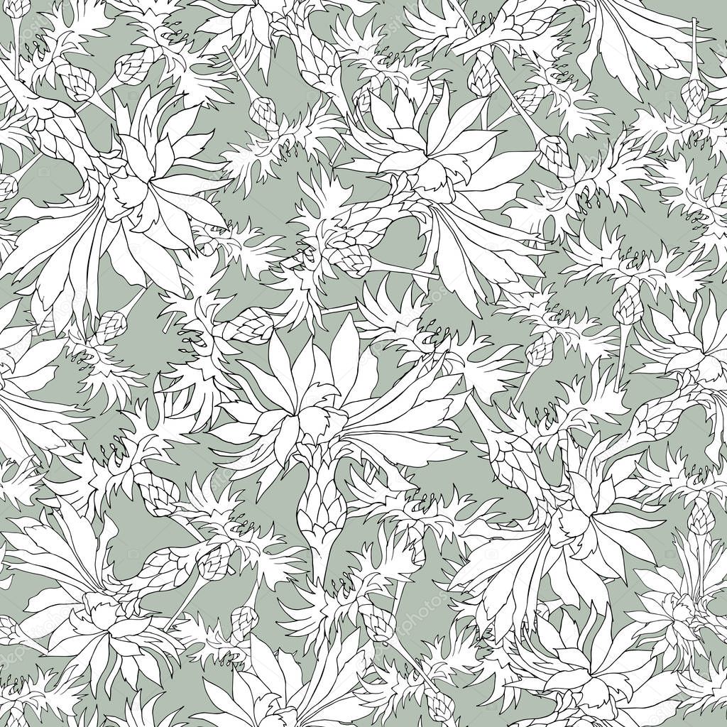 Floral seamless peterne of white vaselki on a green background. Floral ornament for tile, fabric and wrapping paper