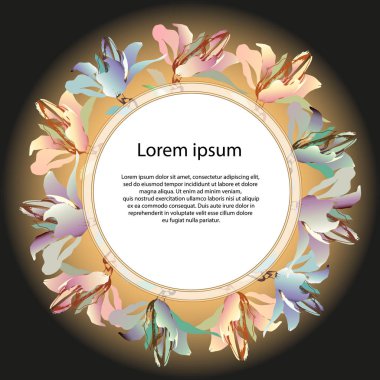 Koyu bir arka plandaki metin için çerçeve. Mürekkepli renkli çiçekler. Davetler, selamlar için zarif tasarım.