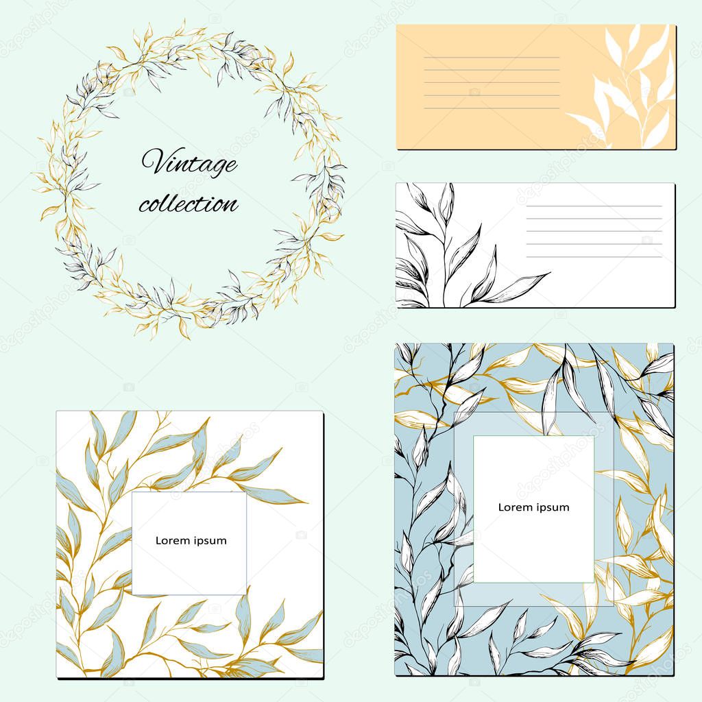 Templates for corporate identity with contour floral pattern. Natural ornament for modern design, ads, posters, advertisements.