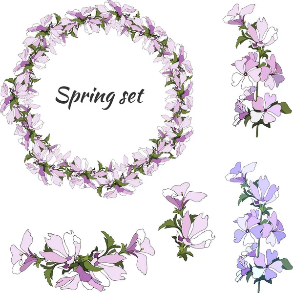 白い背景にマルヴァシルヴェストリスの花のセット。カード、おめでとうや招待状を飾るために繊細な紫とピンクの花の花輪. — ストックベクタ