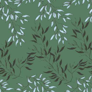 Yeşil bir arka plan üzerinde koyu yaprakların dikişsiz desen. Kumaş, fayans, duvar kağıdı için Botanik arka plan. Vektör tek renkli çizim.